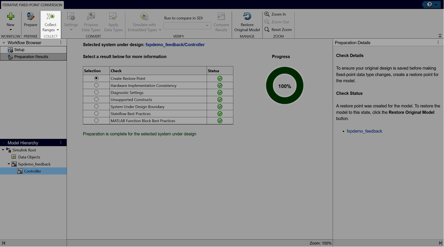 View of the Fixed-Point Tool after clicking the Prepare button. The Collect Ranges button is highlighted.