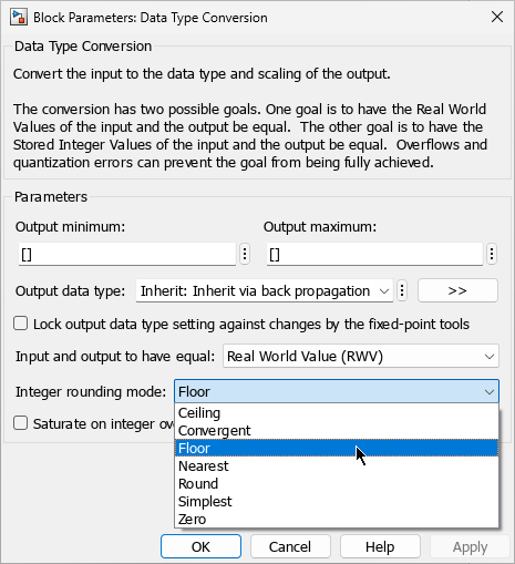 Block Parameters dialog box for Data Type Conversion block. The integer rounding mode parameter drop-down menu is expanded.