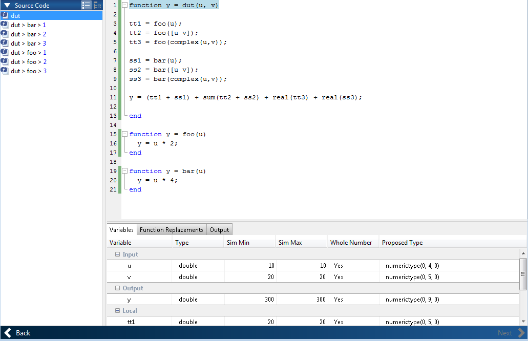 Fixed-Point Converter app with the top-level function selected in the left side column