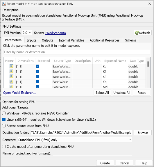 FMU export dialog box with Linux selected as additional target