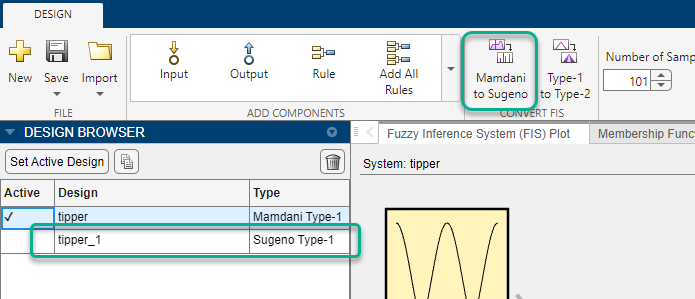 App with the new Sugeno FIS, tipper_1, highlighted in the Design Browser.