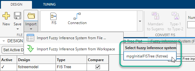Import menu showing selection of FIS tree from workspace.