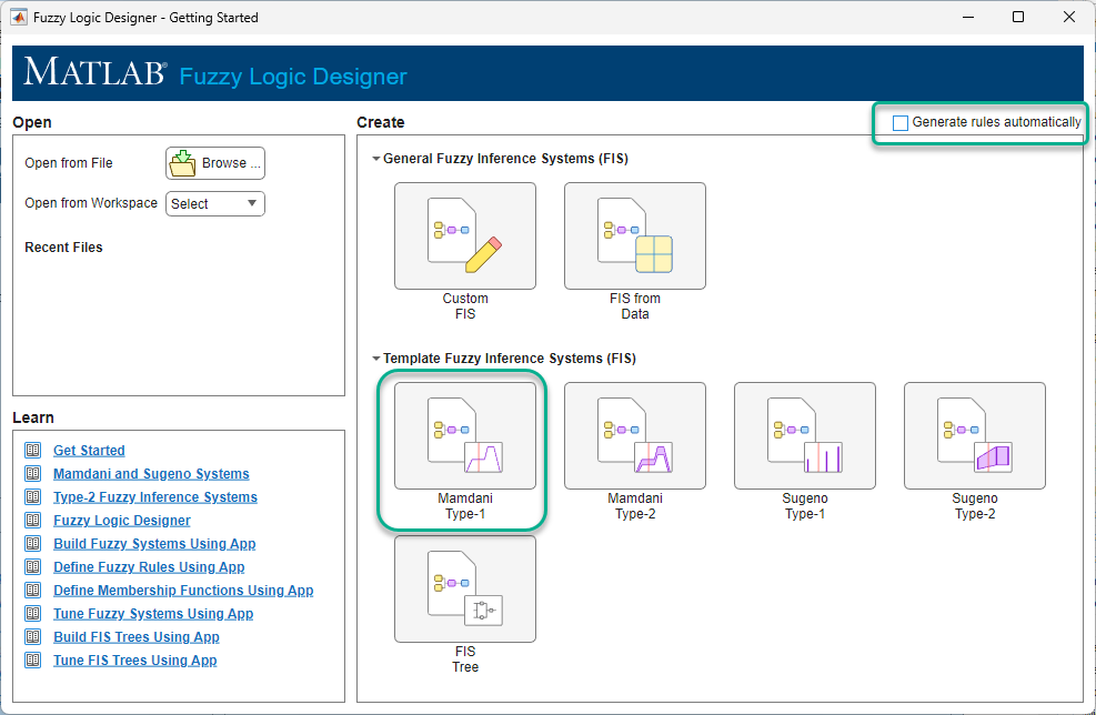 Getting Started dialog - In the top-right corner, the Generate rules automatically parameter is cleared. The Mamdani Type-1 template is highlighted.