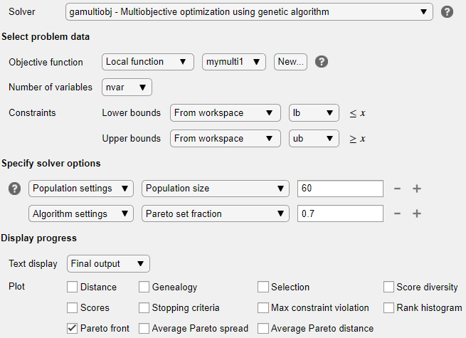 Problem data, solver options, and display progress specified