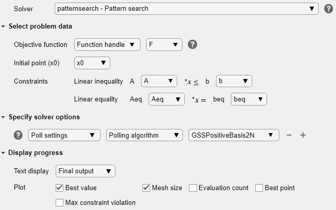 patternsearch solver, function handle F, initial point x0, linear constraints A, b, Aeq, beq, poll algorithm GSSPositiveBasis2N, plots Best value and Mesh size