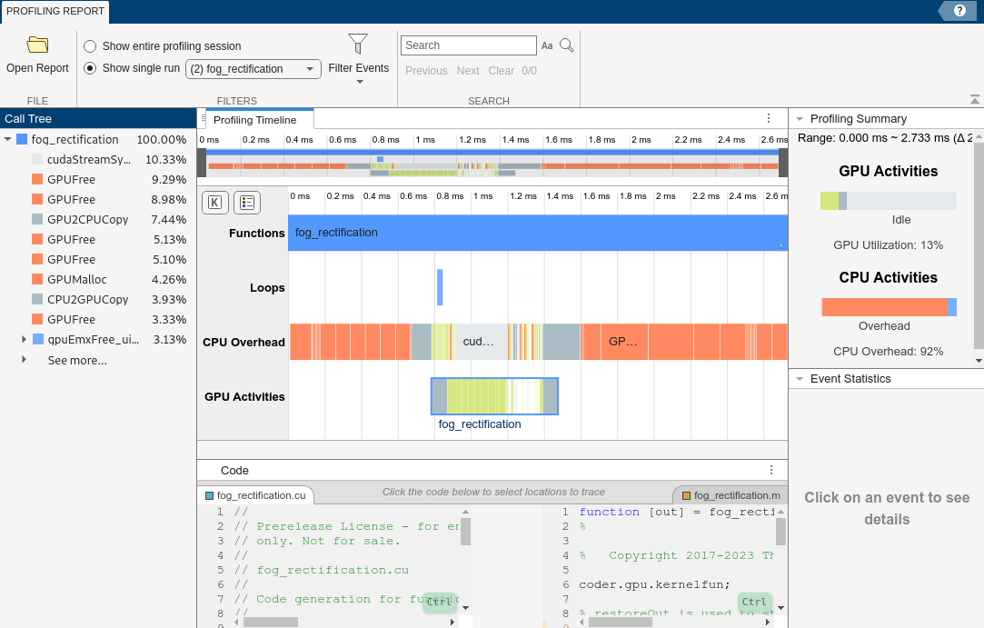 GPU Performance Analyzer showing the profiling data for the generated MEX with memory manager disabled