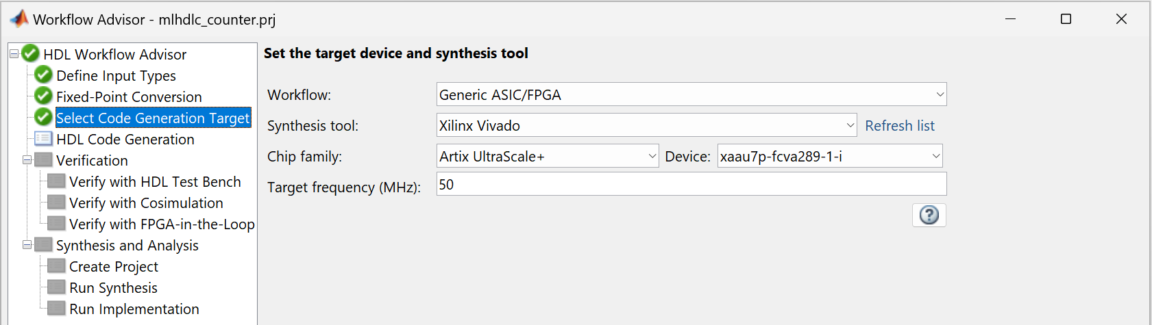 View of the Select Code Generation Target step in the HDL Workflow Advisor. The Workflow is set to Generic ASIC/FPGA, the Synthesis tool is set to Xilinx Vivado, and the Target frequency is set to 50 MHz.