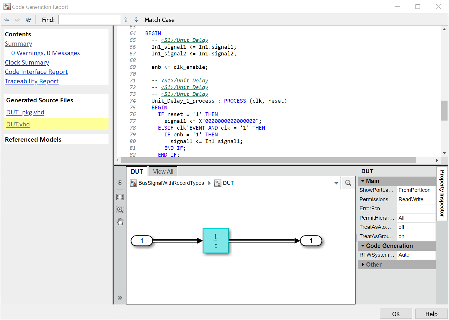 Code generation report showing code for the DUT subsystem and a web view of the model.