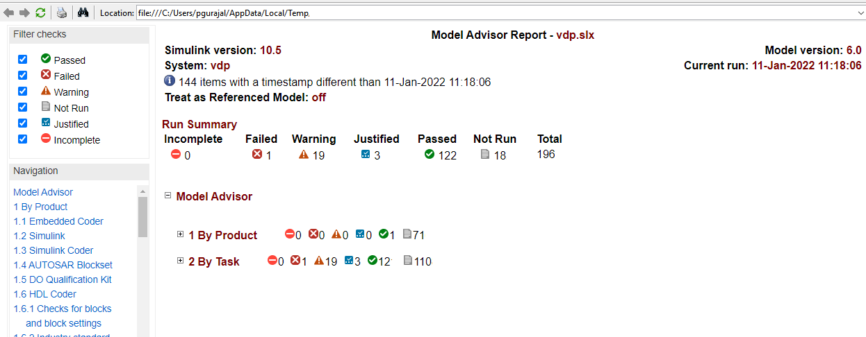 Shows the Check results in the Model Advisor report.