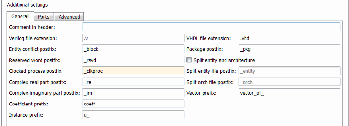 General tab under Global Settings in the Generate HDL tool