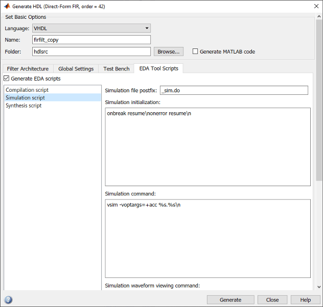 Generate HDL tool, showing the EDA Tool Scripts options