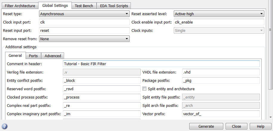 Global Settings tab of Generate HDL tool