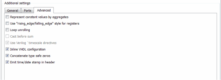 Advanced tab of the Generate HDL tool
