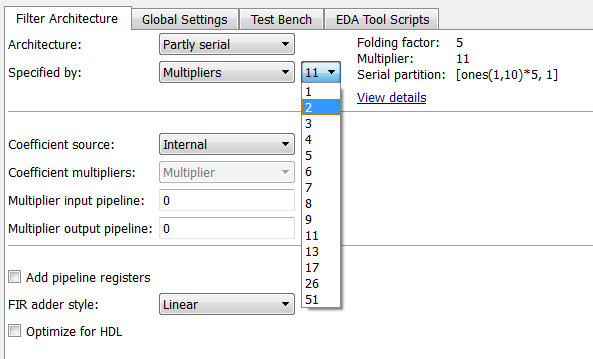 Filter Architecture tab of the Generate HDL tool, showing Multipliers menu options
