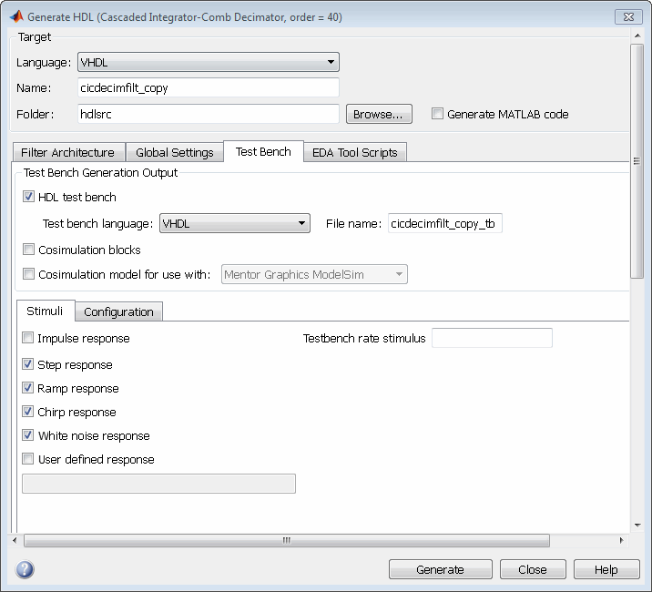 Test Bench tab of the Generate HDL tool