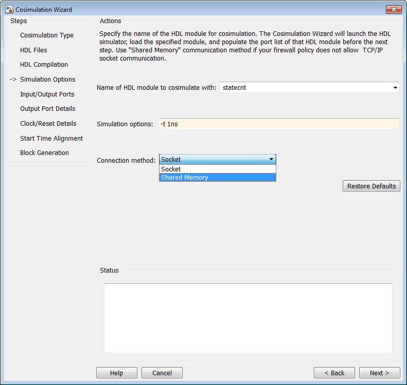 The cosimulation wizard is open on Simulation Options pane, configured for Modelsim.