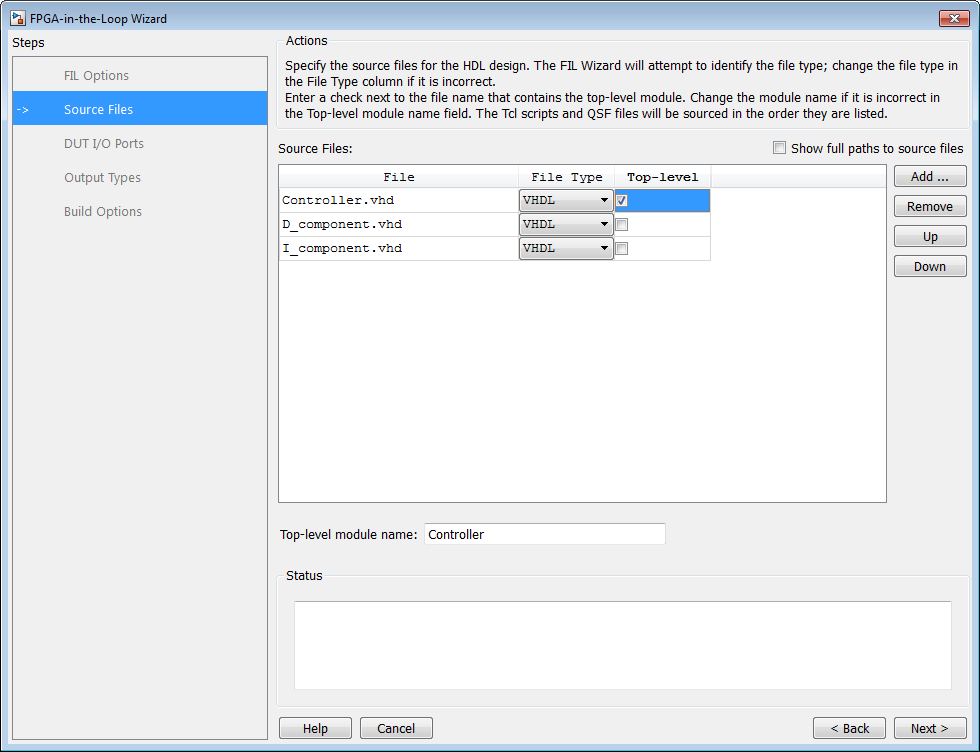 FIL Wizard open on the "Source Files" step, with "Controller.vhd" selected as top-level module.