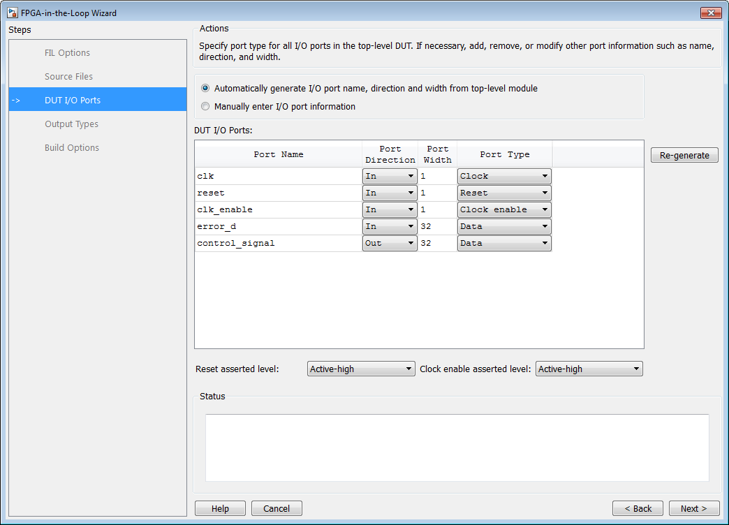 FIL Wizard open on the "DUT I/O Ports" step