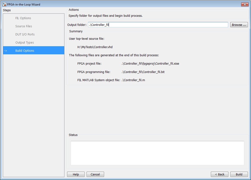FIL Wizard open on the "Build Options" step, with the "Output folder" specified as Controller_fil