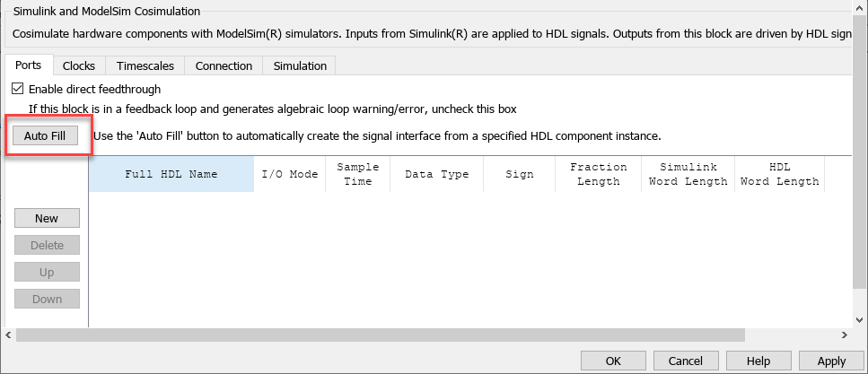 HDL Cosimulation block mask open on the Ports tab. The ports are deleted, and the 'Auto Fill' button is highlighted.