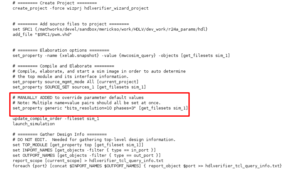 Compilation commands for Vivado, with a line added manually. The line includes 'set_property generic "bit_resolution=10 phases=3"'