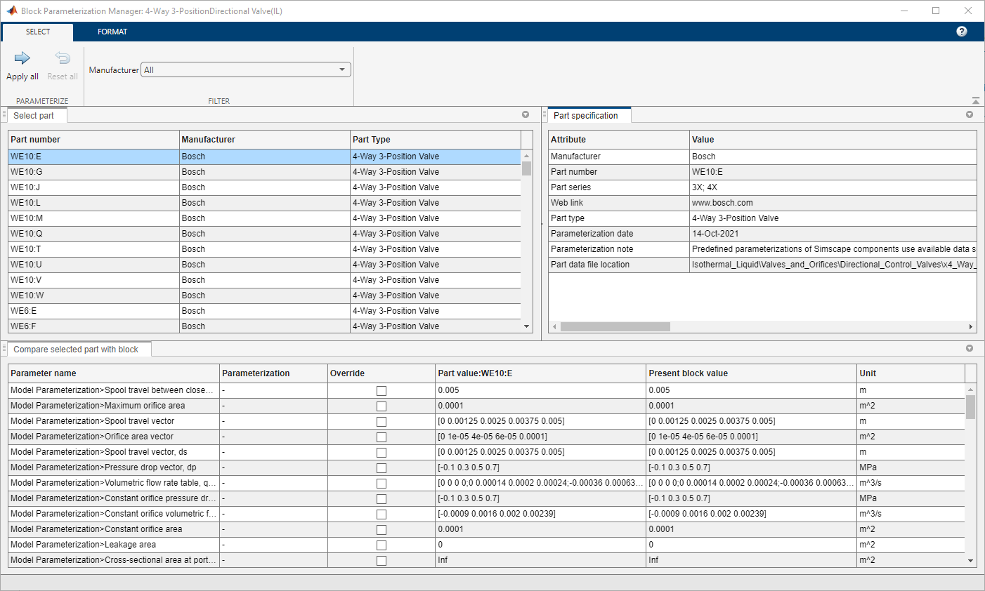 Block Parameterization Manager window for the 4-Way 3-Position Directional Valve