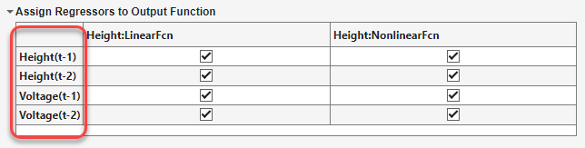 Assignment table. Regressor names are on the left. Linear Function selections are in the middle. Nonlinear Function selections are on the right