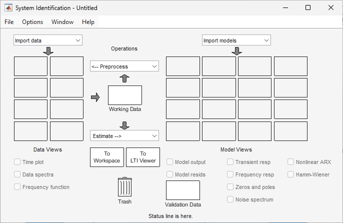 System Identification app main screen. The Import data area is on the left. This area includes Data Views selections at the bottom. The Operations area is to the right of the Import data area. The Import models area is on the right. This area includes Model Views selections at the bottom