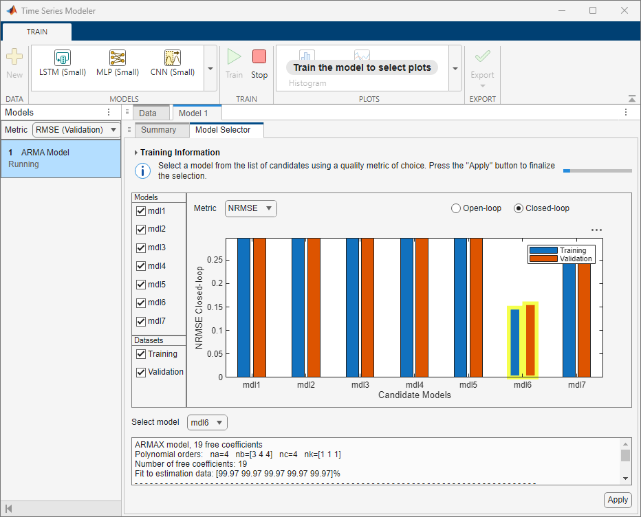 Model Selector tab displaying the generated candidate models in the app