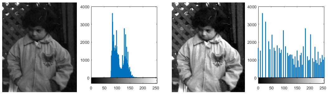 Image with poor contrast and narrow histogram versus image with high contrast and wide histogram.