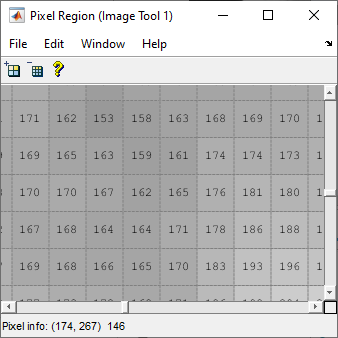 Pixel Region tool displays the numeric pixel value over each pixel in a magnified region.