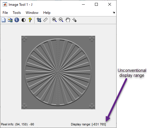 Image Viewer app displaying an image of data type double with a nonstandard display range of [-631, 765]