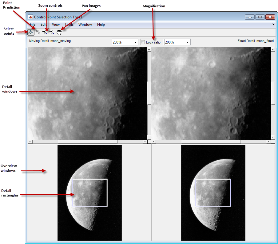 On the left side of the tool are a magnified view and overview of the moving image. On the right side of the tool are a magnified view and overview of the fixed image. The top menu has navigation and magnification tools.