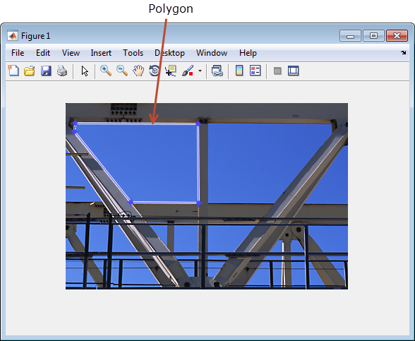 Image of crane trusses in a MATLAB figure window, with a polygon with five vertices around a truss.