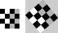 Original and transformed checkerboard image. The transformed image appears rotated 45 degrees counter-clockwise.