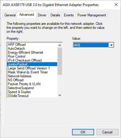 Gigabit Ethernet Adapter Properties window with JumboPacket selected in Advanced tab