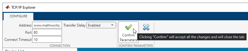 TCP/IP Explorer app with connection parameters.