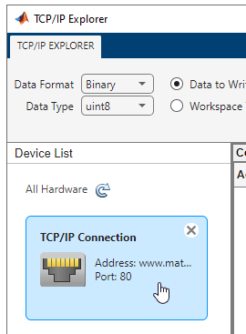 TCP/IP Explorer app showing TCP/IP Explorer tab and Device List pane.