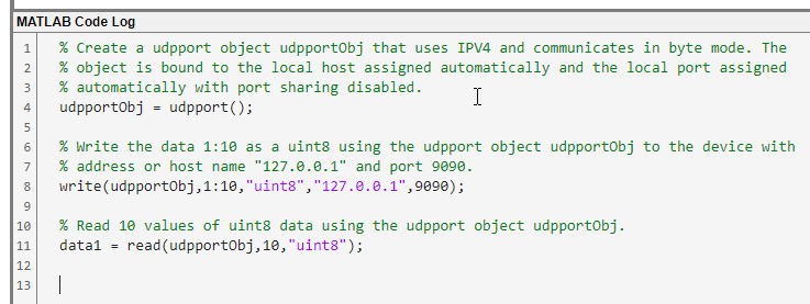 UDP Explorer app MATLAB Code Log pane.