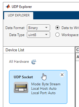 UDP Explorer app showing UDP Explorer tab and Device List pane.