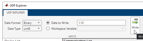 UDP Explorer app Write section for binary data.