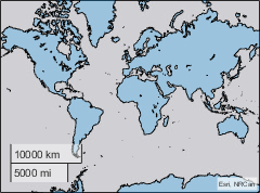 World map with land areas in blue