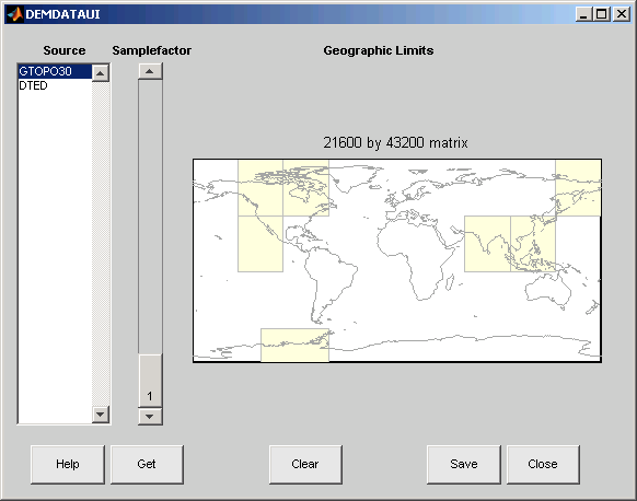 UI with world map of available GTOPO30 tiles