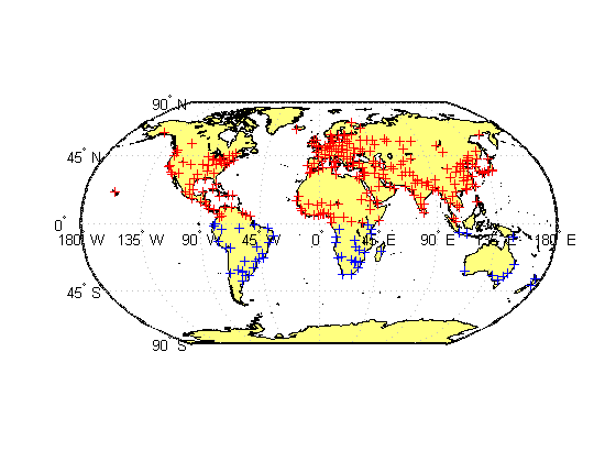 World map with northern cities in red and southern cities in blue