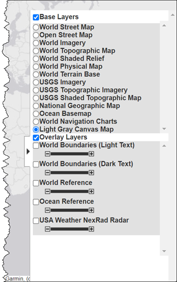 Layer Manager with Light Gray Canvas Map base layer selected