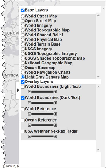 Layer Manager with Light Gray Canvas Map base layer and World Boundaries (Dark Text) overlay layer selected