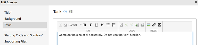 Screenshot showing the Task pane of the Edit Exercise window. The text in the text box says "Compute the sine of pi accurately. Do not use the "sin" function.".