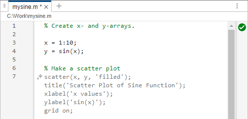 Code file in the Editor, showing an autocompletion suggestion. After a comment that says, "Make a scatter plot," Copilot suggests code that calls the scatter function and add labels and a title to the plot. There is a sparkle button to the left of the suggested code.