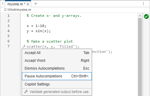 Copilot autocompletion context menu options are "Accept All," "Accept Word," "Dismiss Autocompletions," "Pause Autocompletions," and "Copilot Settings."