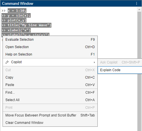 MATLAB desktop, showing six lines of code highlighted in the Command Window and the Copilot > Explain Code option in the context menu
